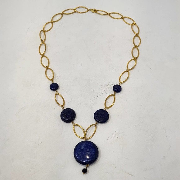 Lapis Lazuli Natural Stone Pendant Gold Tone Oval Chain Link Y Drop Necklace - Picture 3 of 6